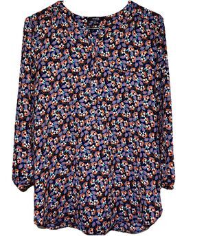 NYDJ Floral Blouse Womens Medium Blue Coral Boho Split Neck 3/4 Sleeve Career